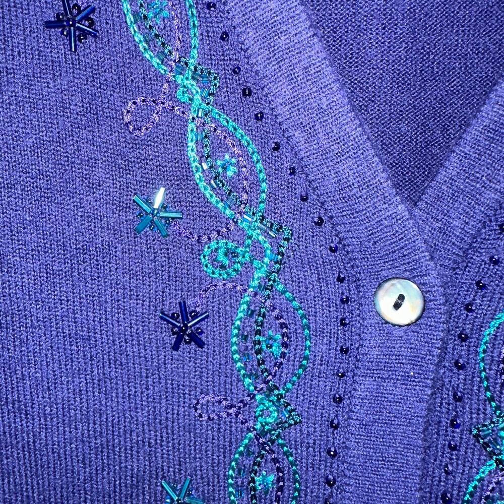Beaded Cardigan Sweater Petite Large Purple Embroidered Button Front - Picture 4 of 6